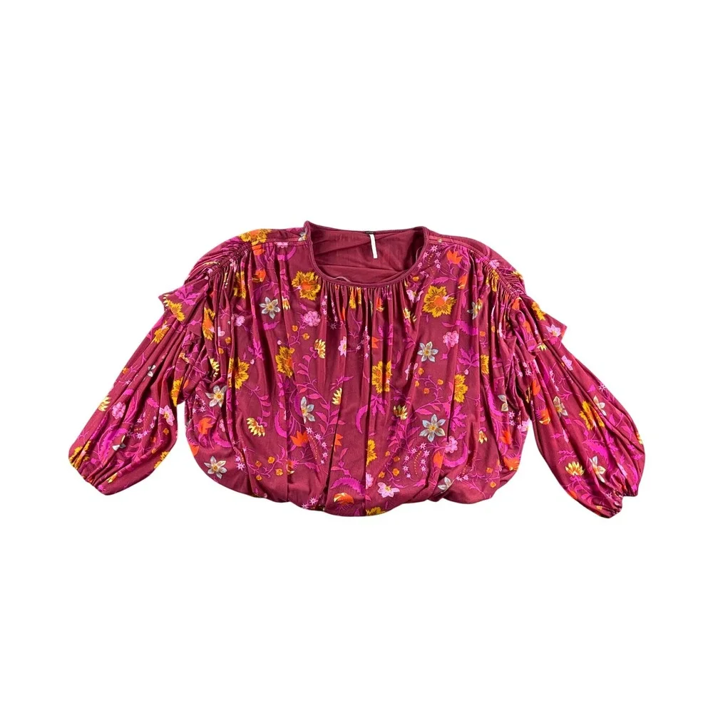 Free People Floral Mesh Bubble Hem Top Burgundy Pink Balloon Sleeve Small